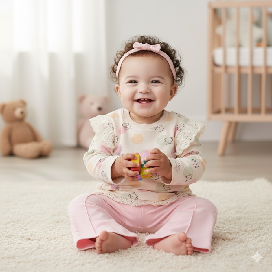 Pembe Puanlı Omuz Detaylı Kız 2'li Takım