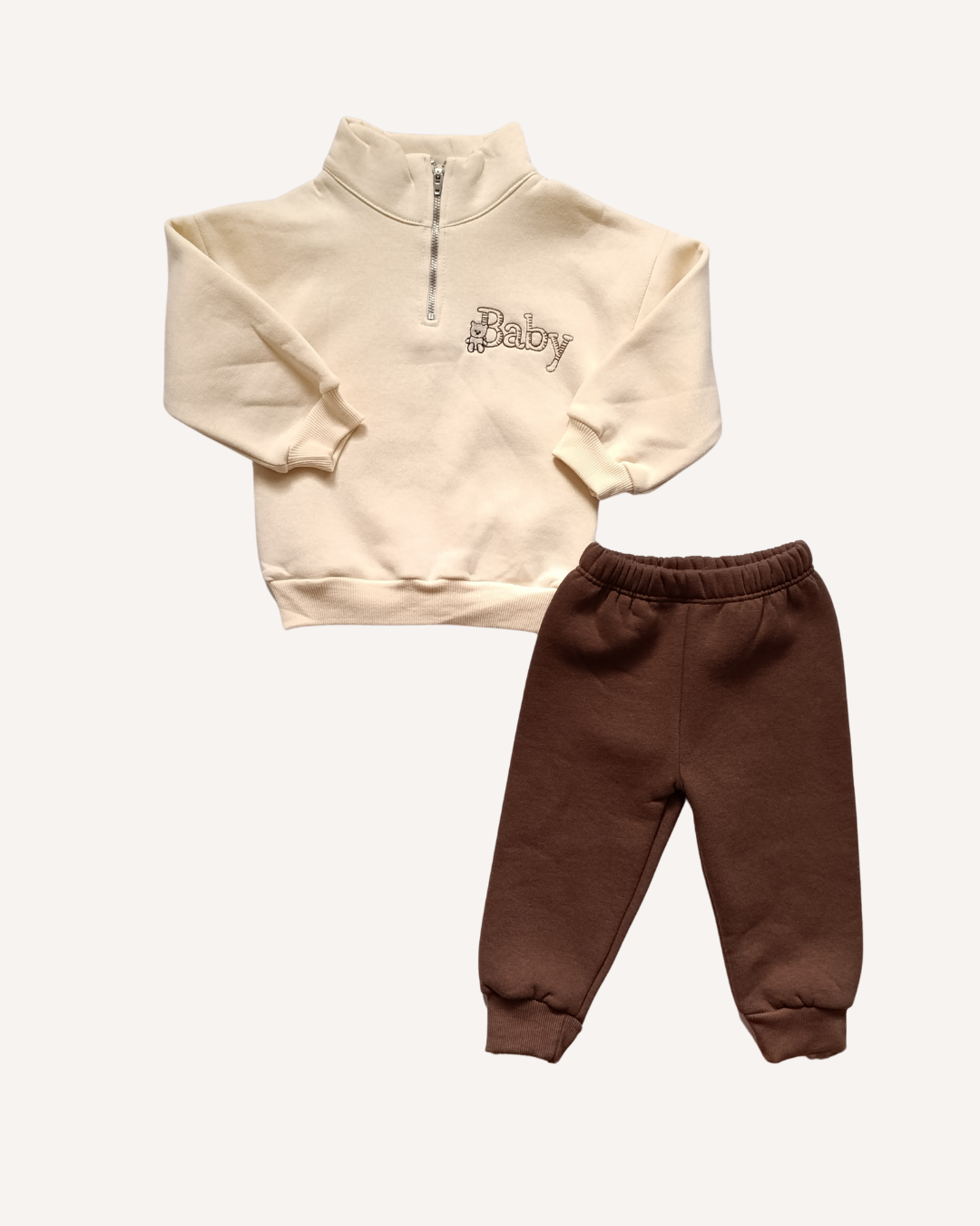 Erkek Bebek Baby işlemeli Kahverengi Krem Takım
