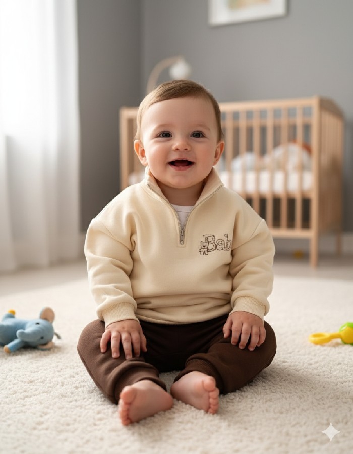 Erkek Bebek Baby işlemeli Kahverengi Krem Takım