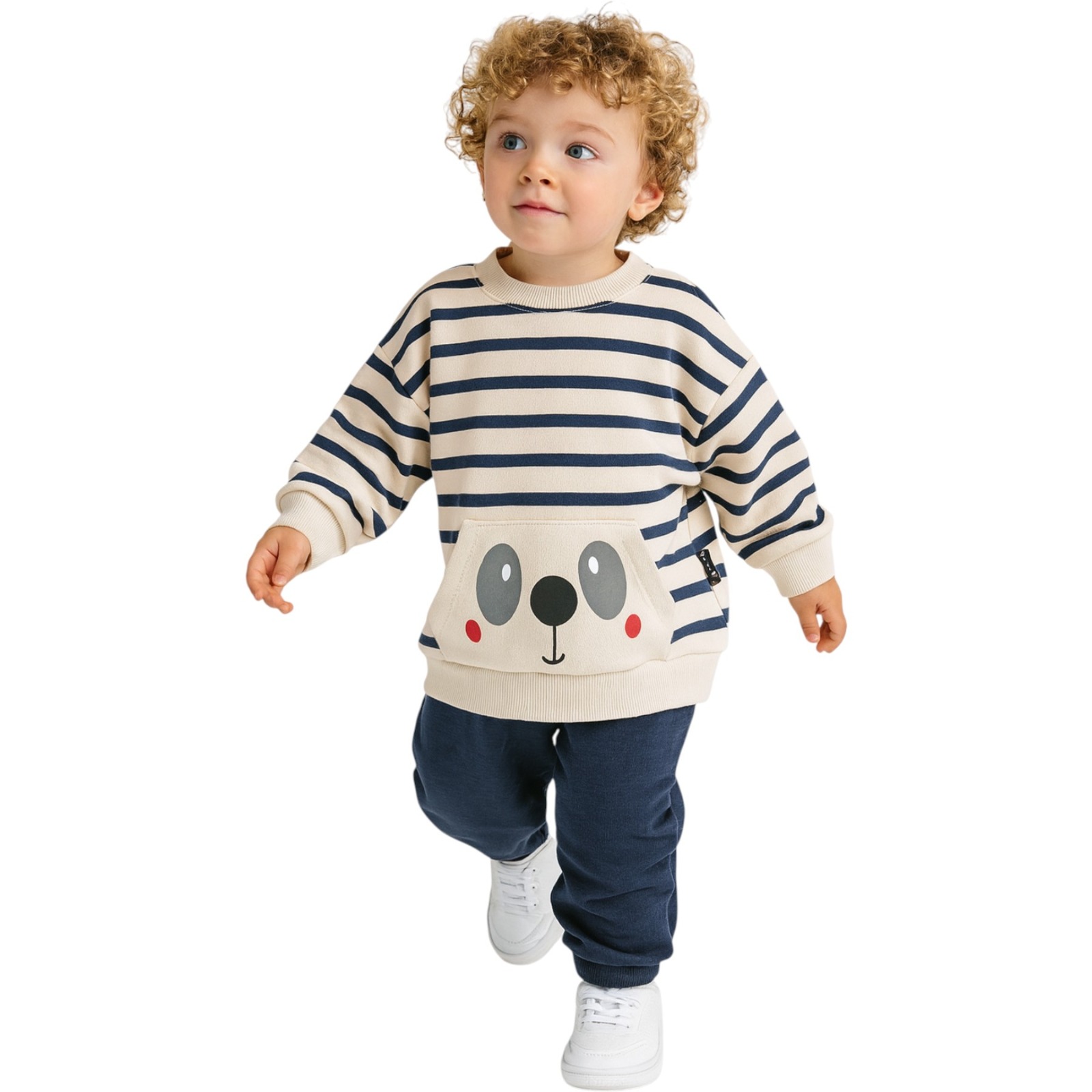 Çizgili Ayıcık Desenli Polar Bebek Sweatshirt ve Pantolon Takımı