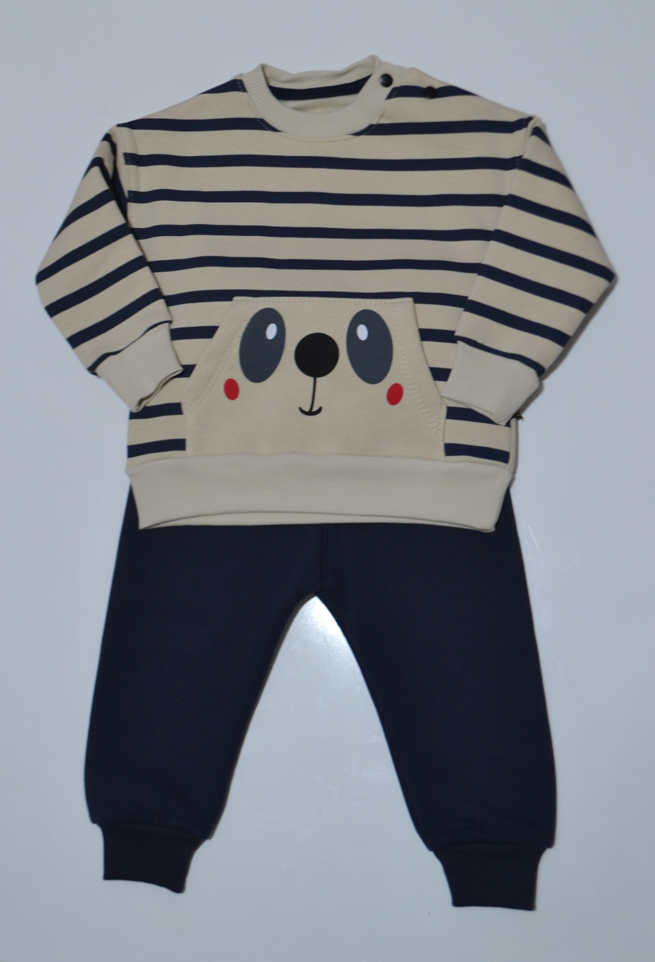 Çizgili Ayıcık Desenli Polar Bebek Sweatshirt ve Pantolon Takımı