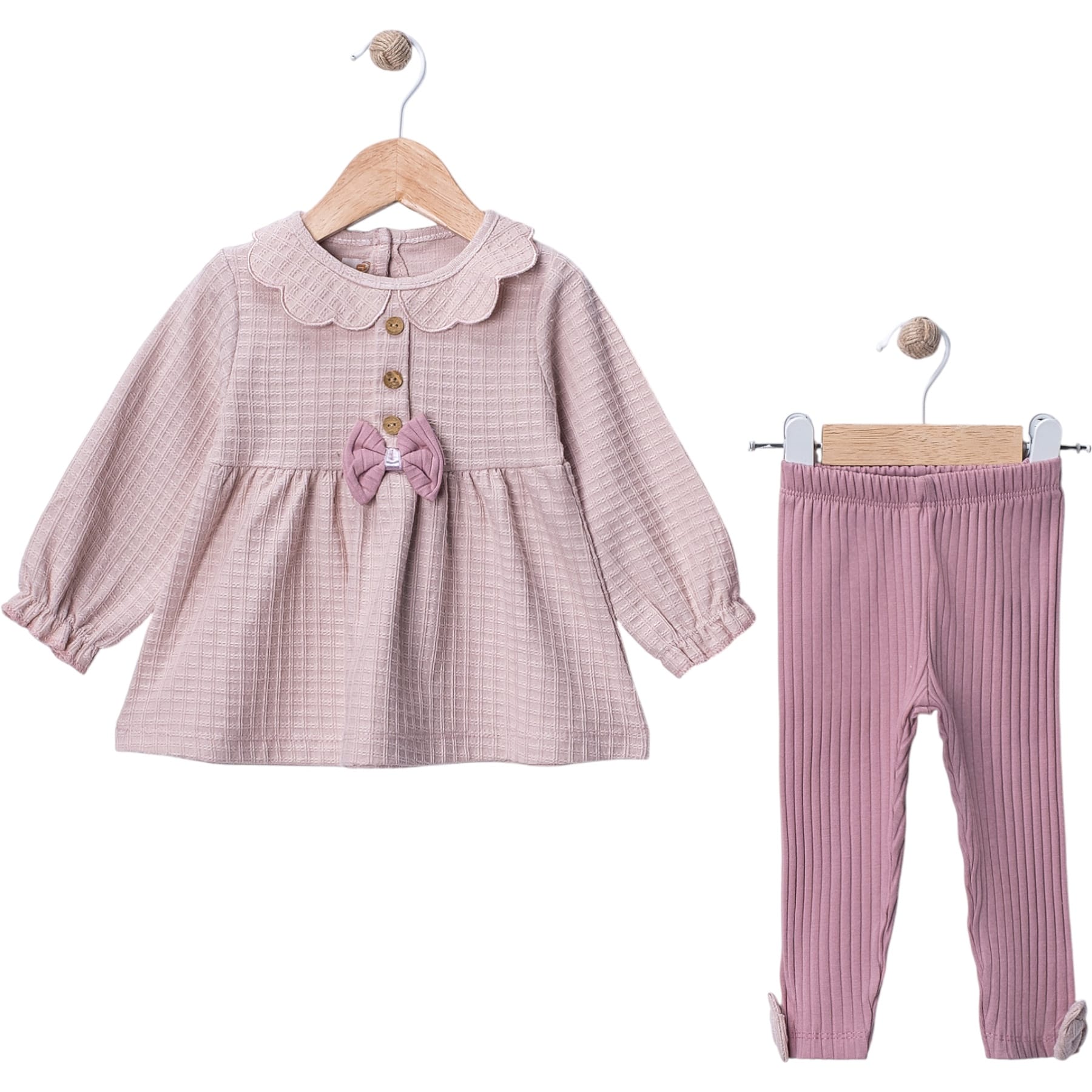 %100 Pamuk Fırfırlı Yaka Kız Bebek Elbise ve Tayt Takımı