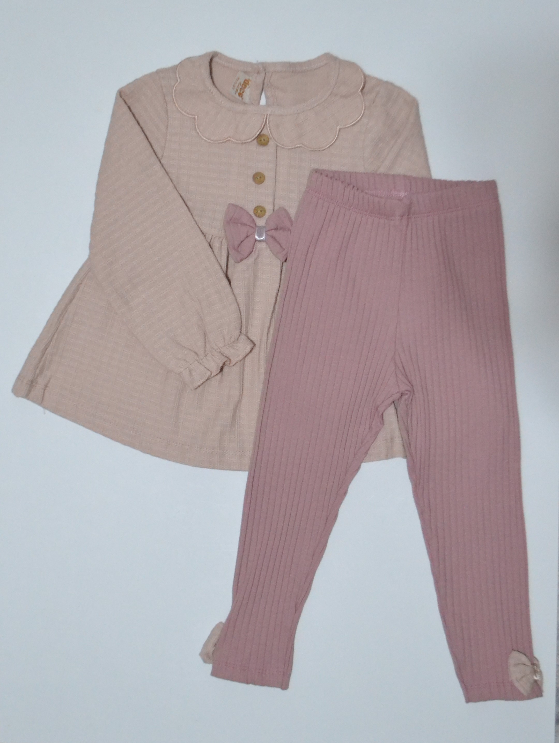 %100 Pamuk Fırfırlı Yaka Kız Bebek Elbise ve Tayt Takımı