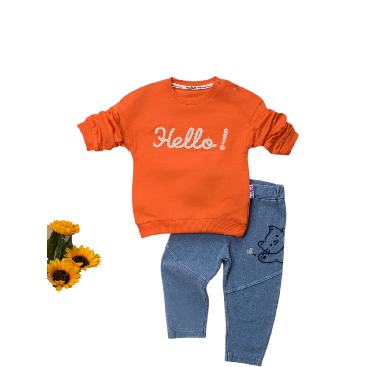 Hello İşlemeli Nar Çiçeği Tayt Pantolon İkili Takım