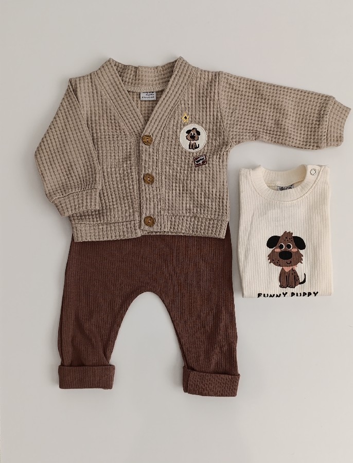 Waffle Hırka + Bady + Pantolon 3’lü Kombin – Bej / Kahve