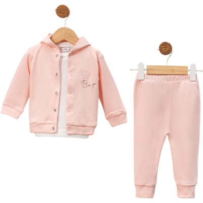 Yavruağzı Hırka+Uzun Kol Beyaz Body +Alt  3'lü Kız Takım