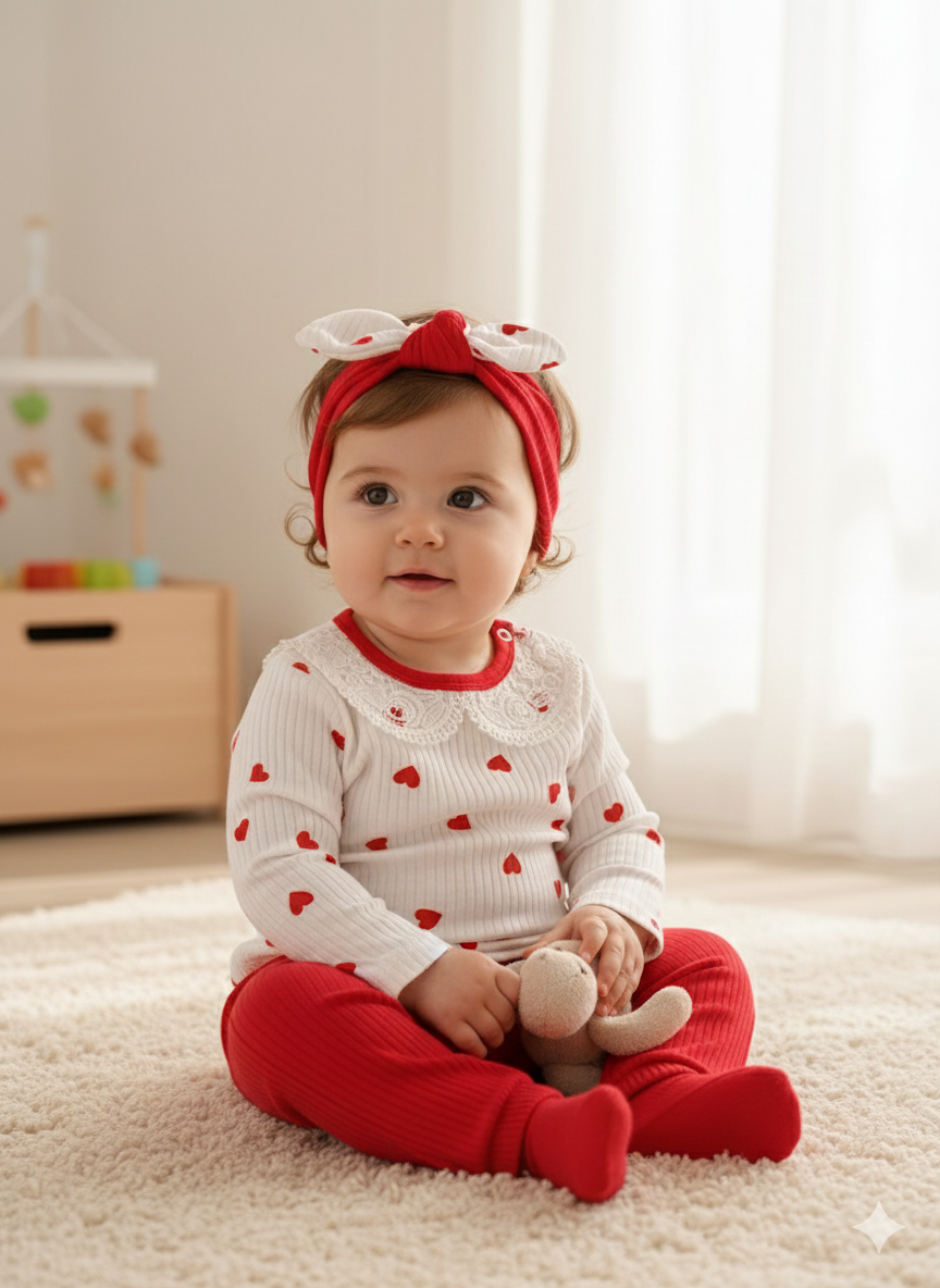 Kız Bebek Kırmızı Kalp Desenli Dantel Yaka Üst Alt Takım