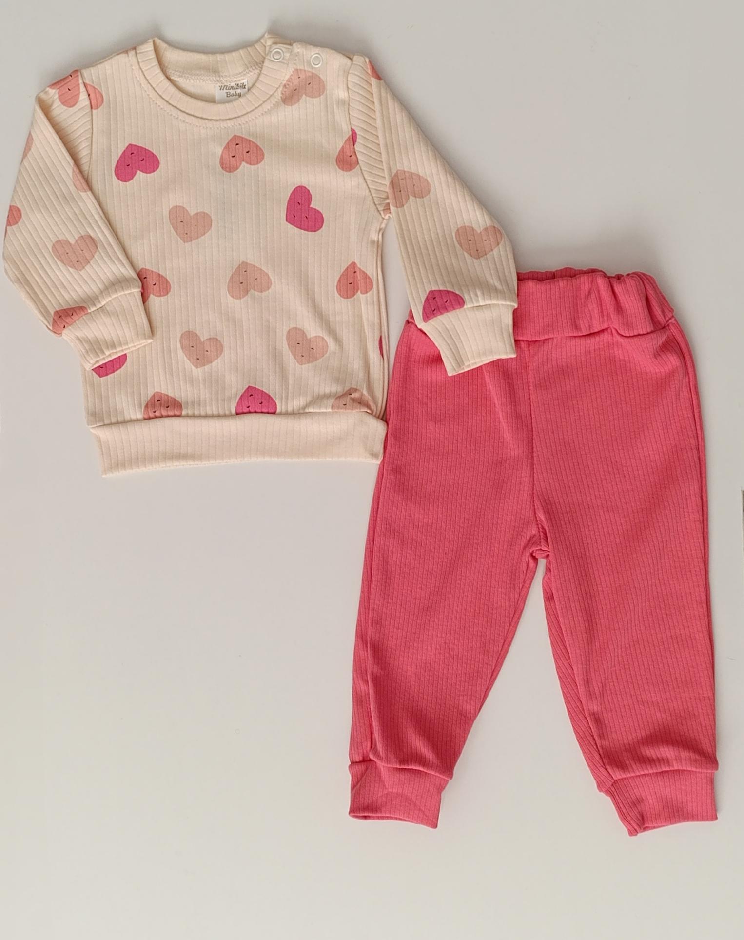 Kız Bebek Alt Üst Takım %100 Pamuk – Kalp Baskılı Sweatshirt Pantolon