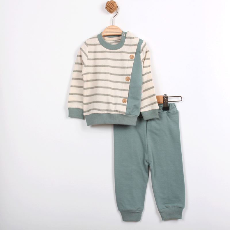 Erkek Bebek Alt Üst Takım %100 Pamuk – Düğmeli Çizgili Sweatshirt Pantolon