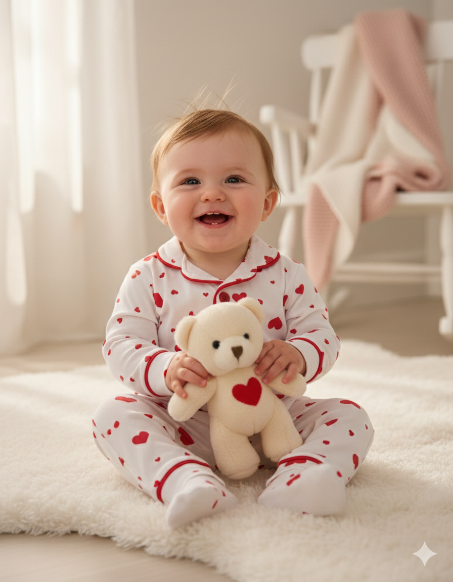 Kız Bebek Kırmızı Puantiyeli Kruvaze Yakalı Fitilli Şirin Gecelik %100 PAMUK