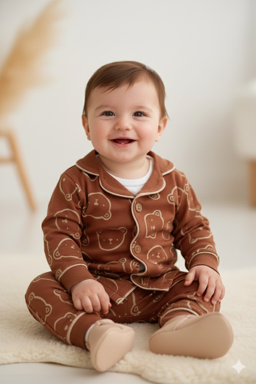 Ayıcık Desenli %100 Pamuk Bebek Pijama Takımı – Düğmeli Üst & Pantolon