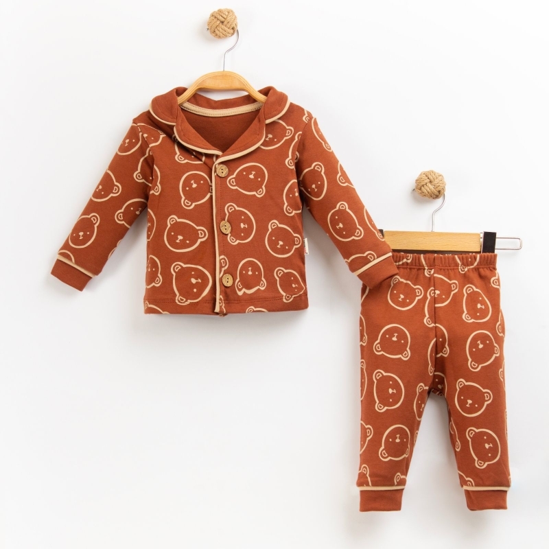 Ayıcık Desenli %100 Pamuk Bebek Pijama Takımı – Düğmeli Üst & Pantolon