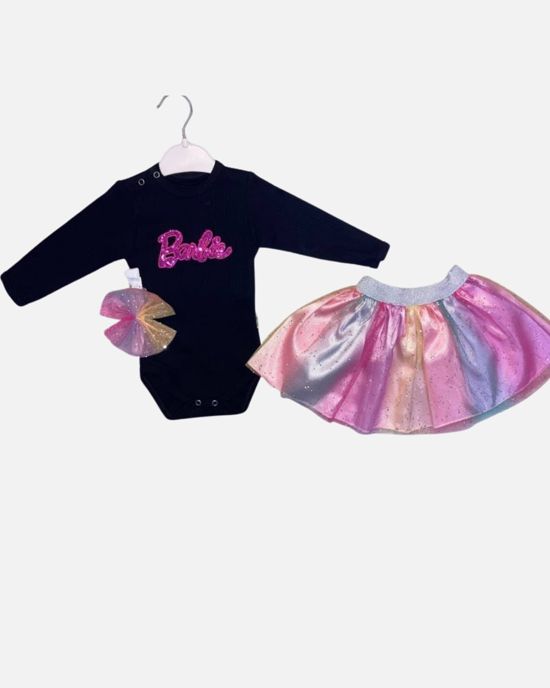 Barbie Baskılı Kız Bebek Tütü Etek Takımı – Uzun Kollu Body & Renkli Tül Etek