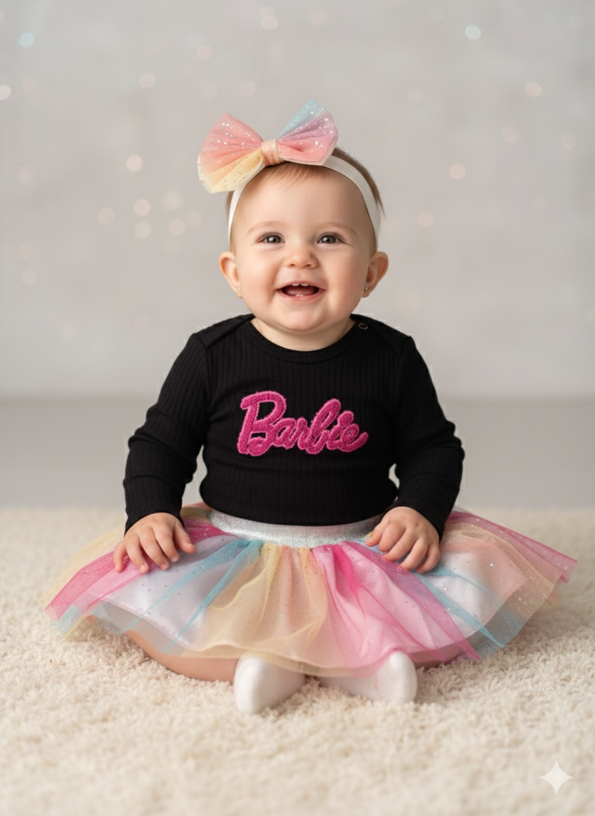 Barbie Baskılı Kız Bebek Tütü Etek Takımı – Uzun Kollu Body & Renkli Tül Etek