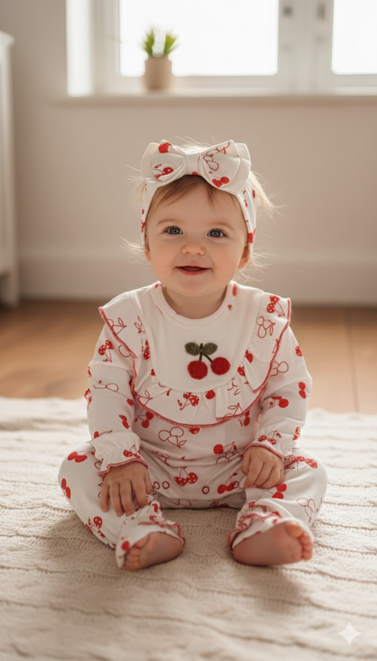 Kiraz Desenli Kız Bebek Tulum & Saç Bandı Seti – Fırfırlı Uzun Kollu %100 Pamuk