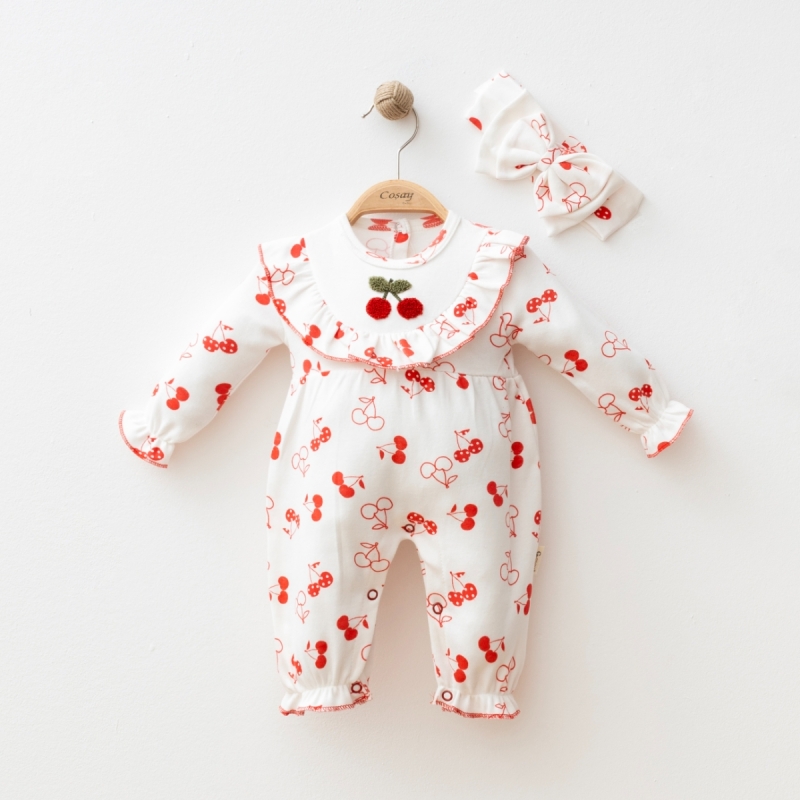 Kiraz Desenli Kız Bebek Tulum & Saç Bandı Seti – Fırfırlı Uzun Kollu %100 Pamuk