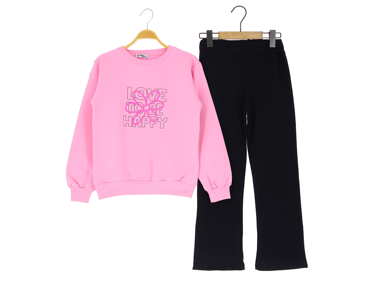 Kız Çocuk Şardonlu Takım İki İplik İçi Polar Baskılı Sweatshirt Pantolon Kombin