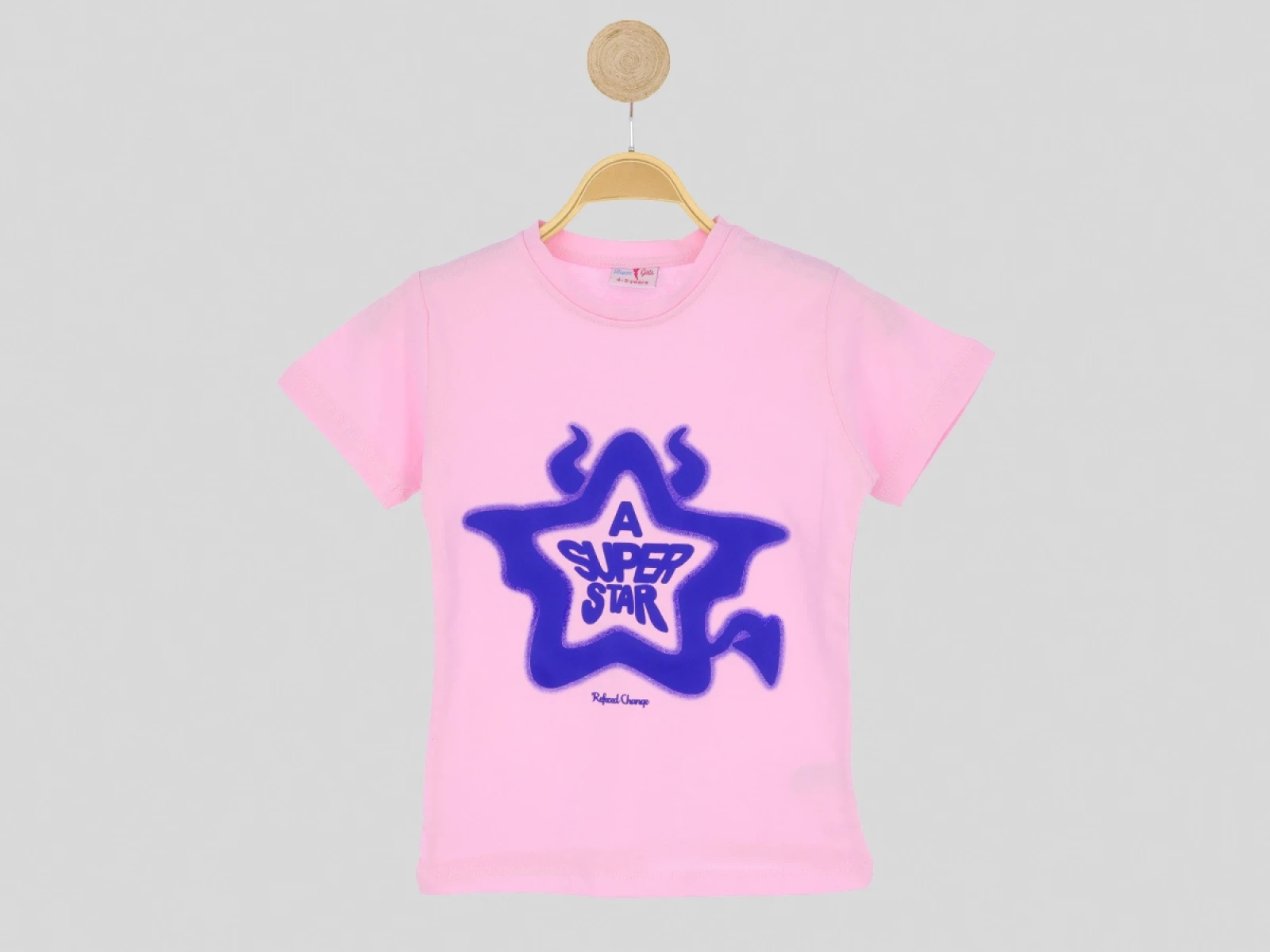 Yıldız Baskılı Kız Çocuk Bisiklet Yaka Pembe  T-shirt