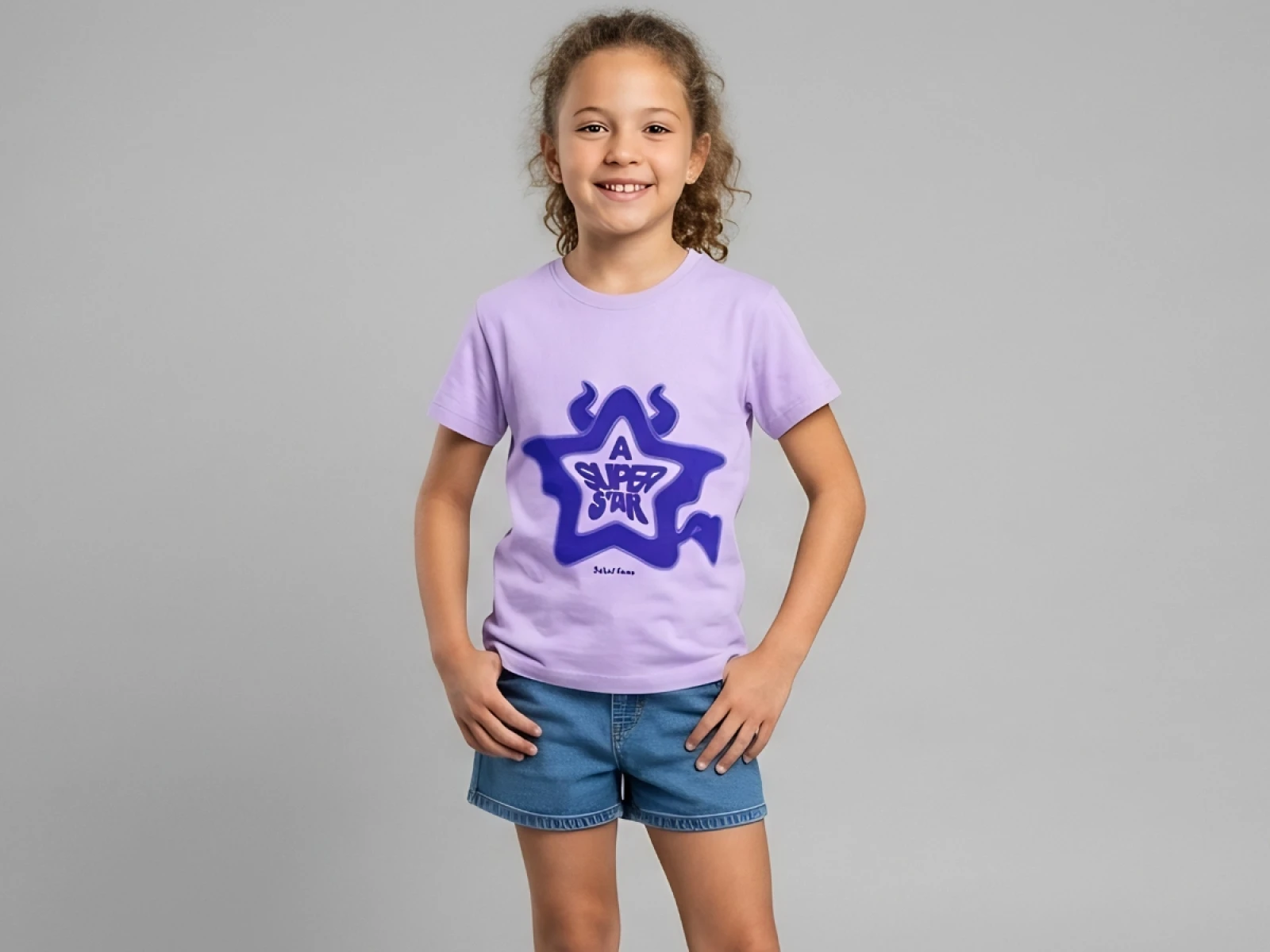 Yıldız Baskılı Kız Çocuk Bisiklet Yaka Lila  T-shirt